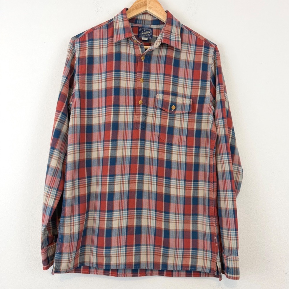 J.Crew Mens Plaid Flannel Popover Shirt Red Blue Herringbone Cotton Large